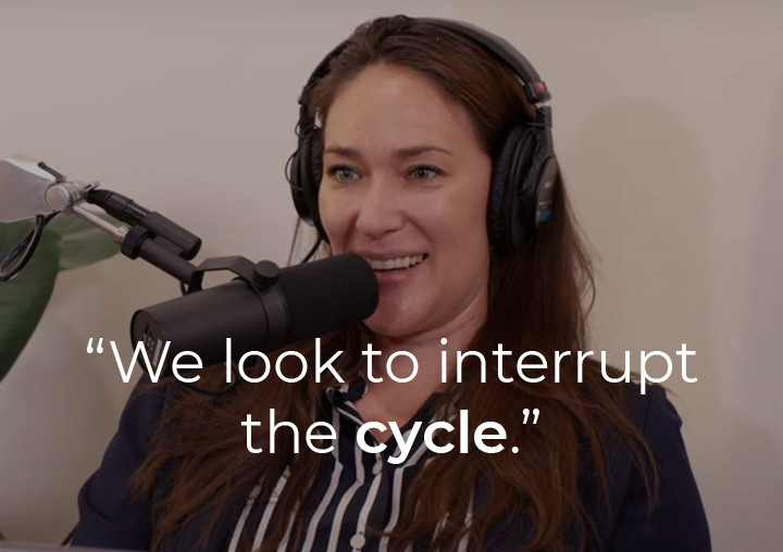 Lana Seiler speaking into a podcast microphone with a text overlay: