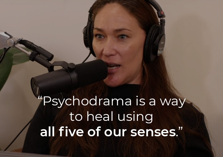 Lana Seiler speaking into a podcast microphone with a text overlay: