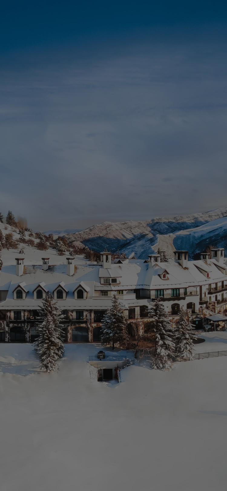 Aerial view of All Points North Lodge in winter.